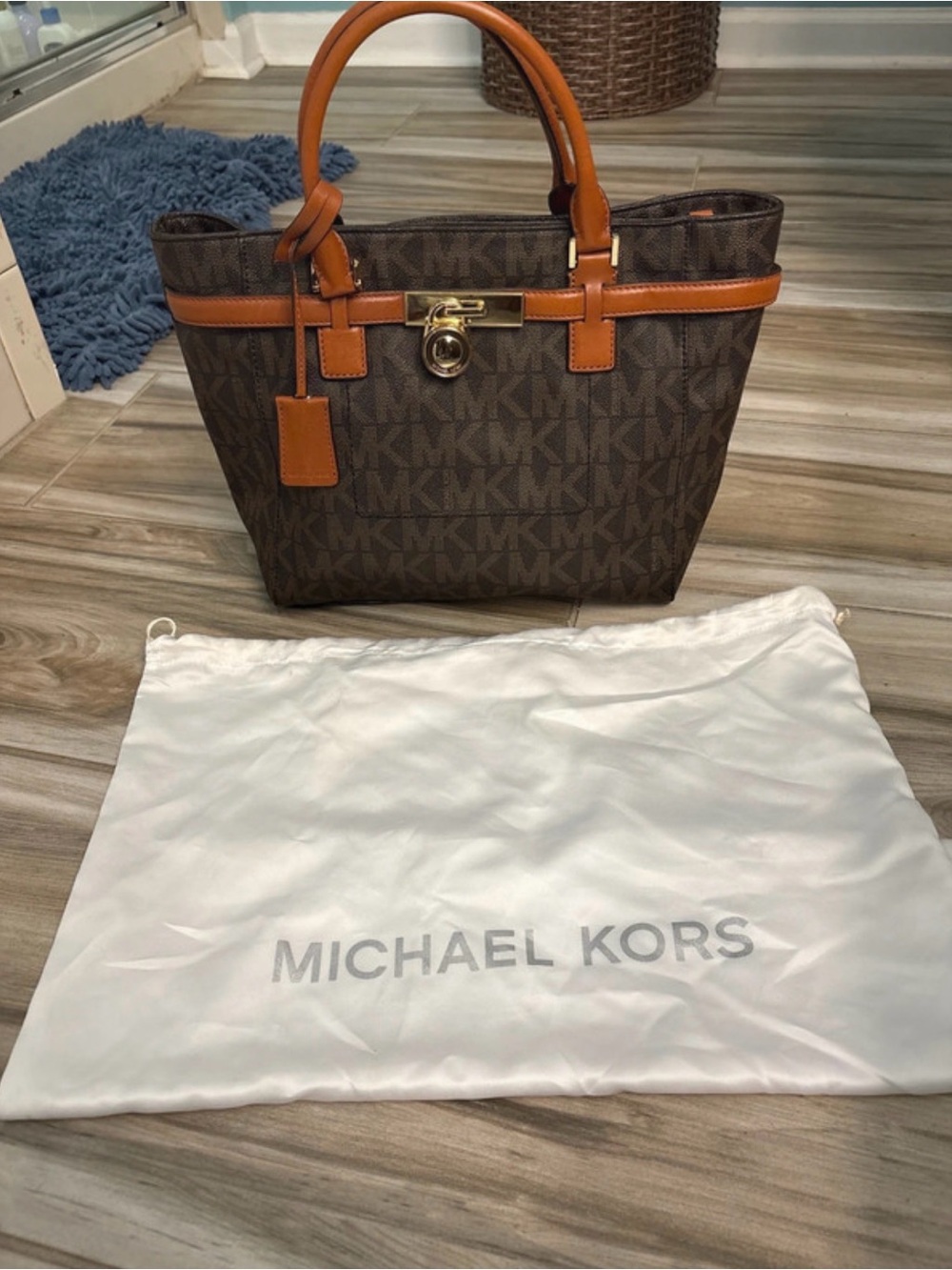Michael Kors Brown MK Signature Tote with Tan Leather Trim and Gold Hardware